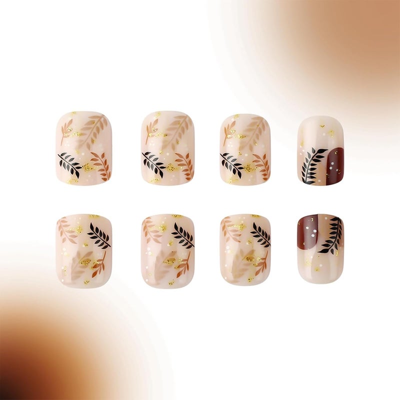 WULIUFLY Varied dimensions Fall Press on Nails Short Square Fake Nails Brown Glue on Nails Thanksgiving False Nails Full Cover Autumn Leaves Acrylic Nails Glitter Design Short Nails Press ons Artificial Nails Kit 24Pcs Reliable durability - Image 4