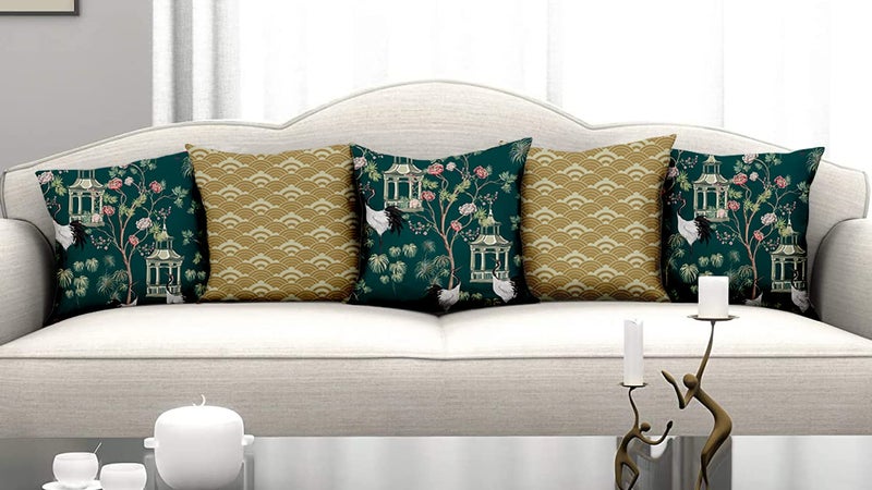 homewards Crane Wave Pattern Cushion Cover Set of 5 Poly Satin Size 16x16 inches - Image 1
