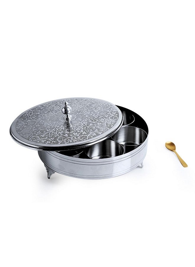 ExclusiveLane 'Floral Hand-Etched' Spice Box with Spoon for Kitchen (Stainless Steel, 7 Containers, 110 Ml) | Handetched Masala Dani Spice Containers, Silver - Image 4