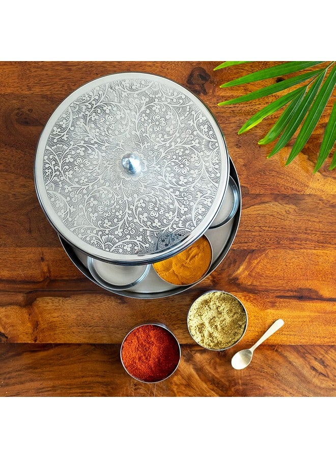 ExclusiveLane 'Floral Hand-Etched' Spice Box with Spoon for Kitchen (Stainless Steel, 7 Containers, 110 Ml) | Handetched Masala Dani Spice Containers, Silver - Image 1