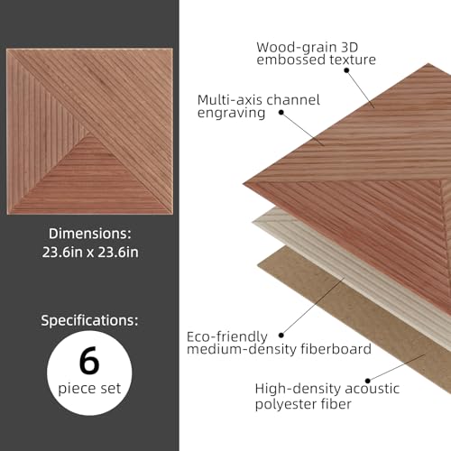 OLenyer 6 PCS Acoustical Wall Panels，23.6 x 23.6 Inch Self-adhesive Sound Absorbing Panels Decorative, Wood-Pattern Printing Soundproof Wall Panel for Home Office Studio,patchwork three-color - Image 5