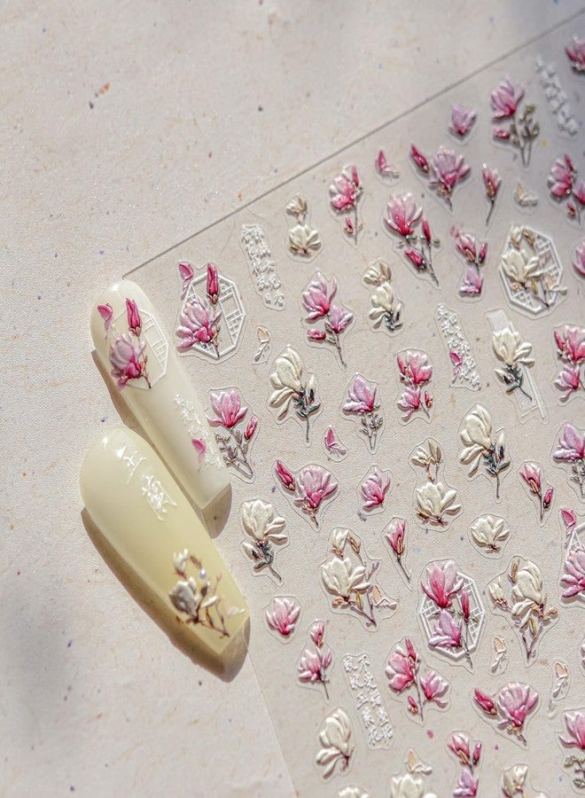 LIFOOST 5D Embossed White Pink Flower Nail Art Stickers Magnolia Flowers Nail Stickers for Nail Art Supplies Self-Adhesive Spring Nail Decals Vintage Floral Nail Accessories for Women - Image 1