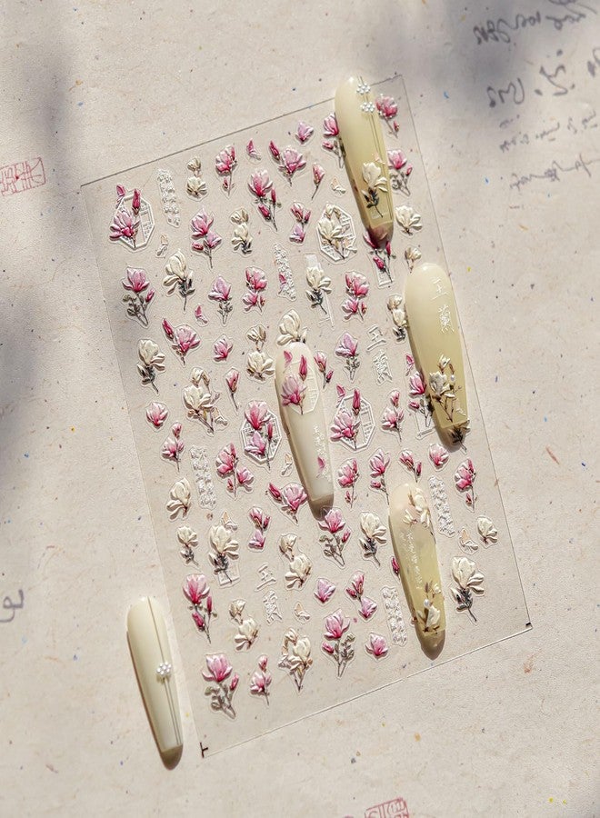 LIFOOST 5D Embossed White Pink Flower Nail Art Stickers Magnolia Flowers Nail Stickers for Nail Art Supplies Self-Adhesive Spring Nail Decals Vintage Floral Nail Accessories for Women - Image 3