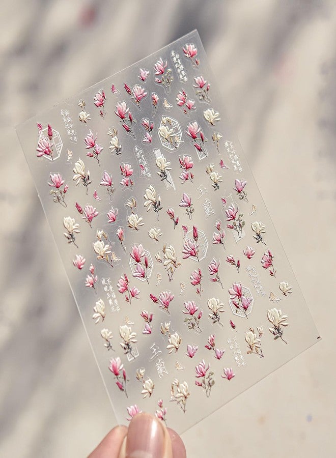 LIFOOST 5D Embossed White Pink Flower Nail Art Stickers Magnolia Flowers Nail Stickers for Nail Art Supplies Self-Adhesive Spring Nail Decals Vintage Floral Nail Accessories for Women - Image 5
