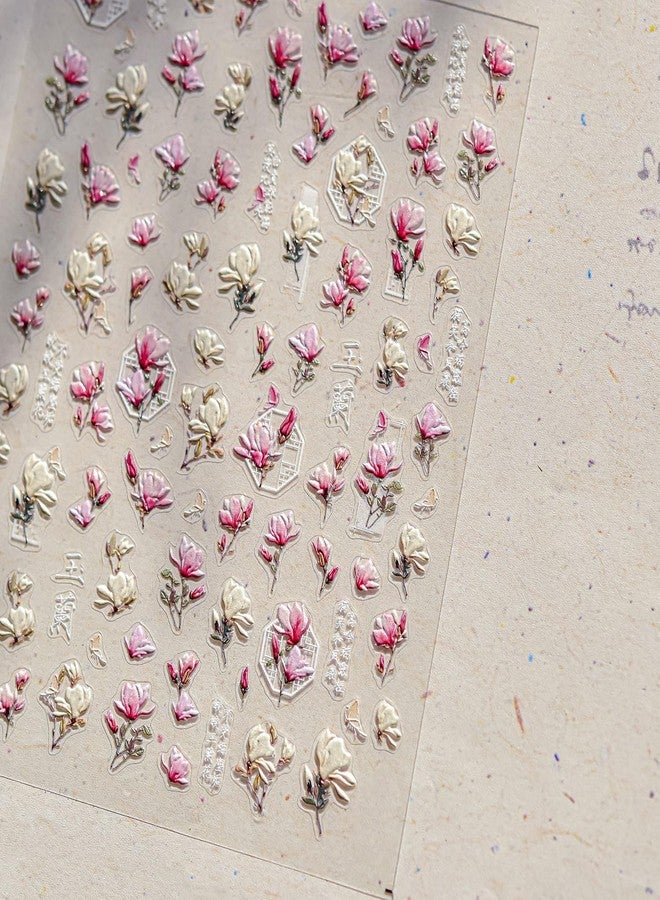 LIFOOST 5D Embossed White Pink Flower Nail Art Stickers Magnolia Flowers Nail Stickers for Nail Art Supplies Self-Adhesive Spring Nail Decals Vintage Floral Nail Accessories for Women - Image 4
