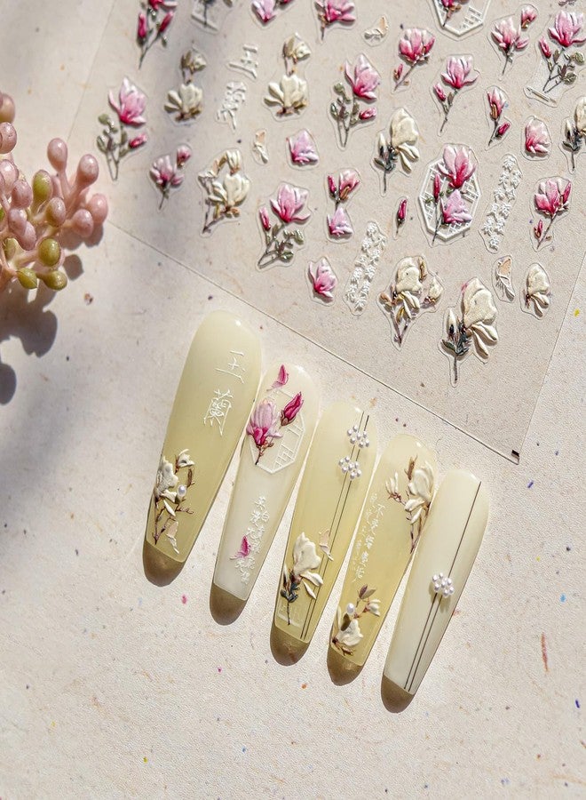 LIFOOST 5D Embossed White Pink Flower Nail Art Stickers Magnolia Flowers Nail Stickers for Nail Art Supplies Self-Adhesive Spring Nail Decals Vintage Floral Nail Accessories for Women - Image 2