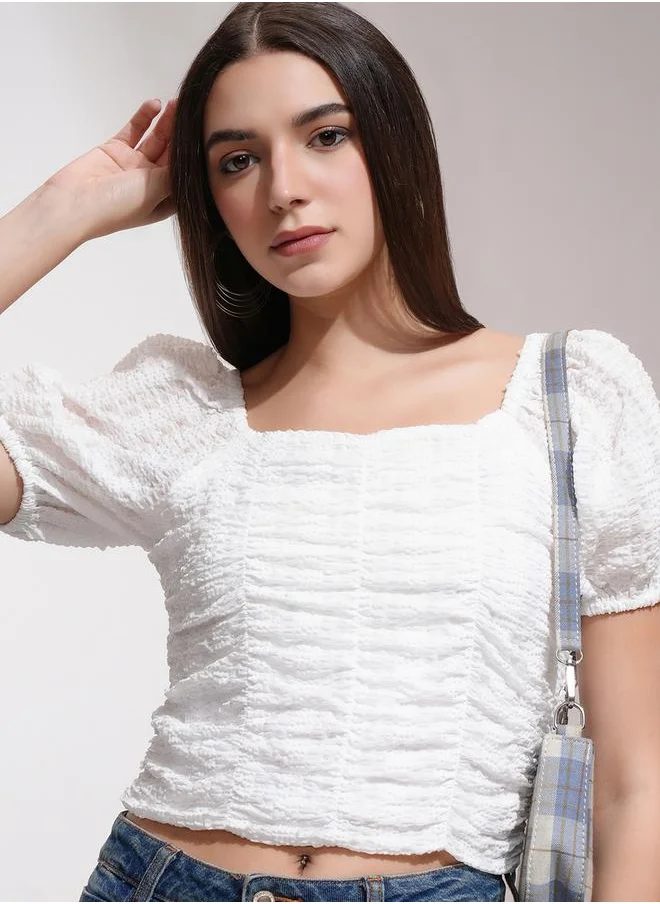 طوكيو توكيز Textured Puff Sleeve Square Neck Crop Top