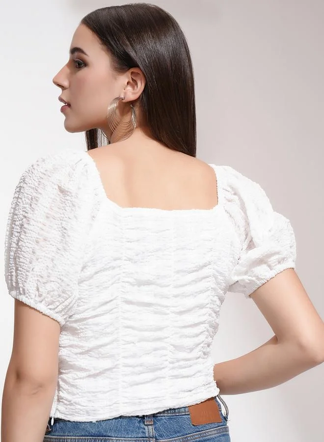 Tokyo Talkies Tokyo Talkies Textured Puff Sleeve Square Neck Crop Top