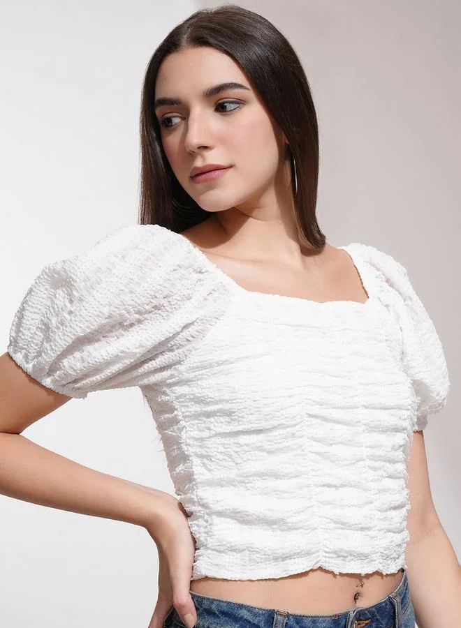 Tokyo Talkies Tokyo Talkies Textured Puff Sleeve Square Neck Crop Top