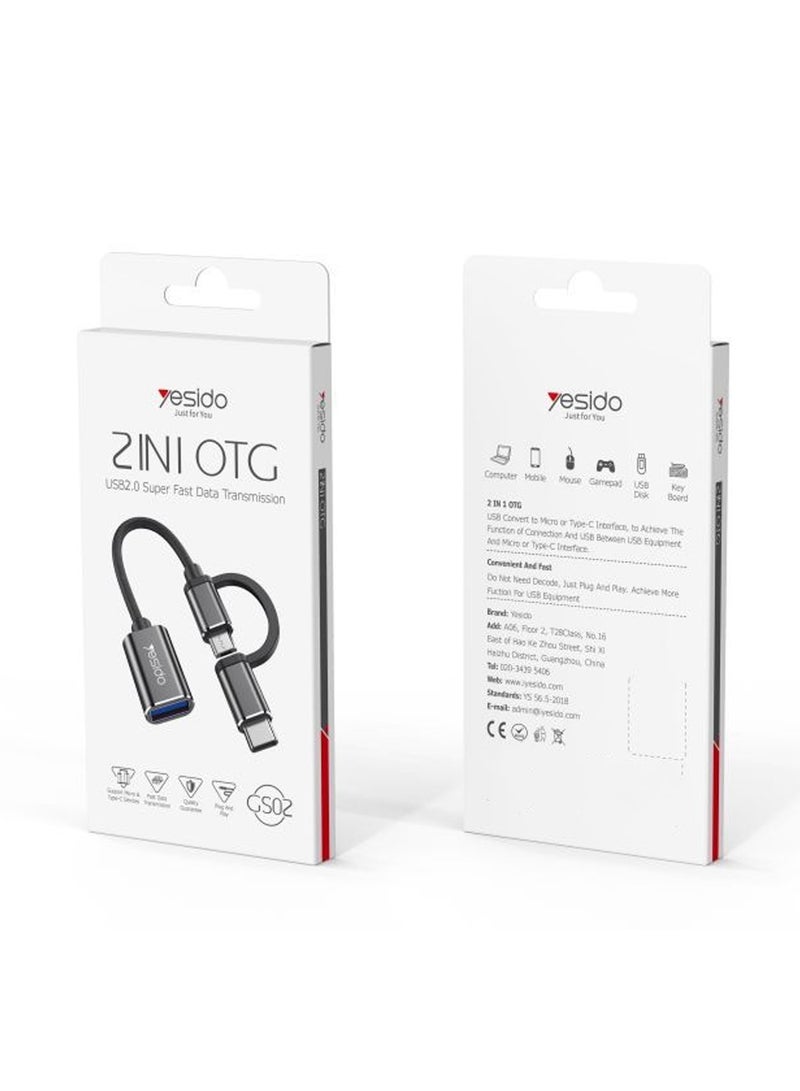 Yesido GS02 Cotton Braided Cable 2 in 1 Widely Compatible Anti-stretch 10CM OTG Adapter Type-C/Micro TO USB - Black - Image 1