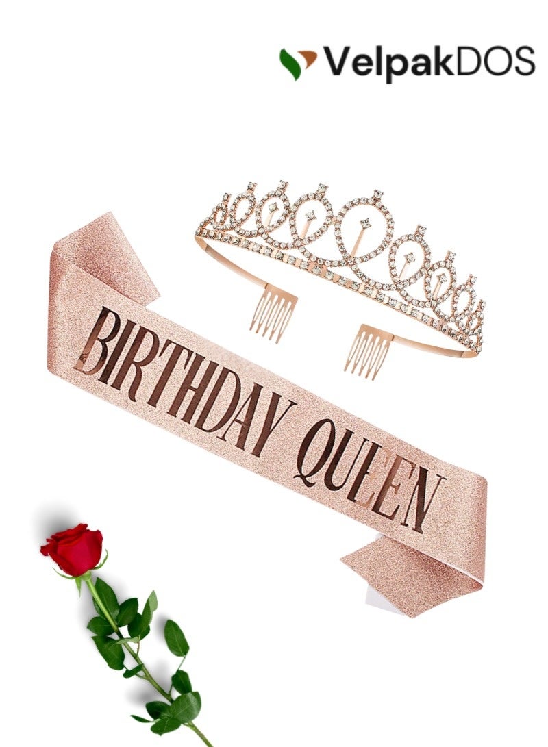 VelpakDOS Birthday Queen Sash & Rhinestone Headband Set – Rose Gold Glitter Birthday Sash with Sparkly Crown Tiara, Birthday Girl Accessories, Gifts for Women & Girls, Party Decoration Supplies, Celebration Photo Props - Image 2
