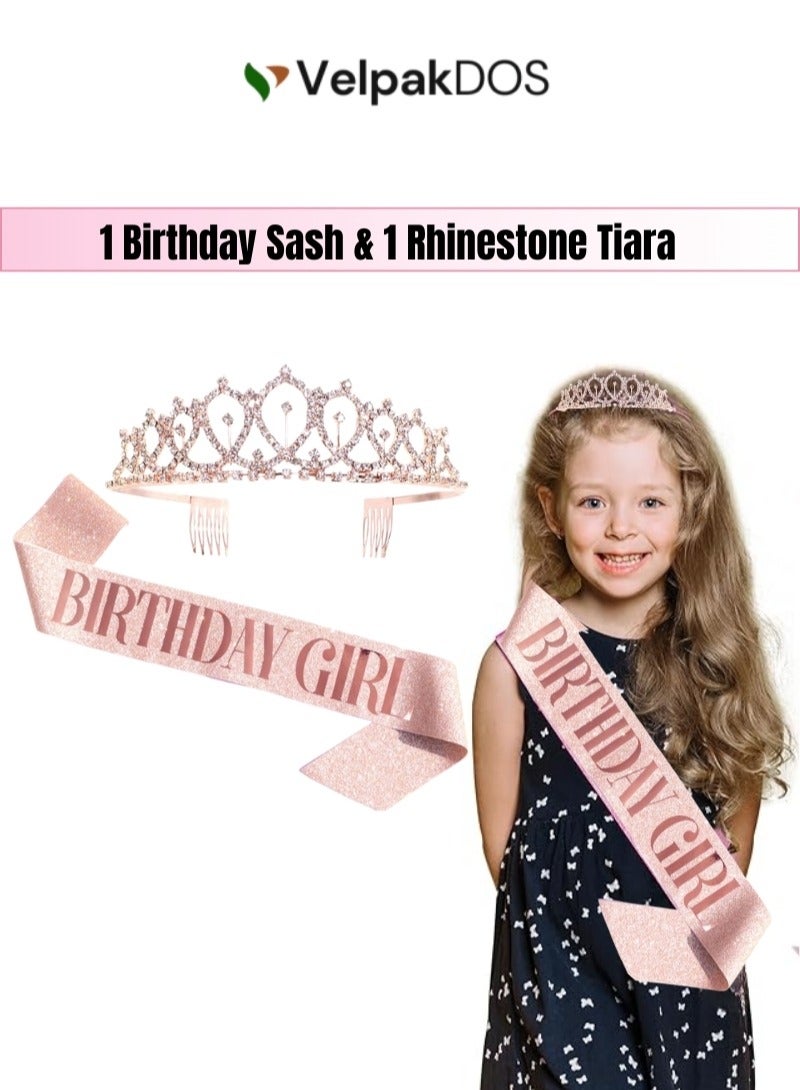 VelpakDOS Birthday Queen Sash & Rhinestone Headband Set – Rose Gold Glitter Birthday Sash with Sparkly Crown Tiara, Birthday Girl Accessories, Gifts for Women & Girls, Party Decoration Supplies, Celebration Photo Props - Image 1