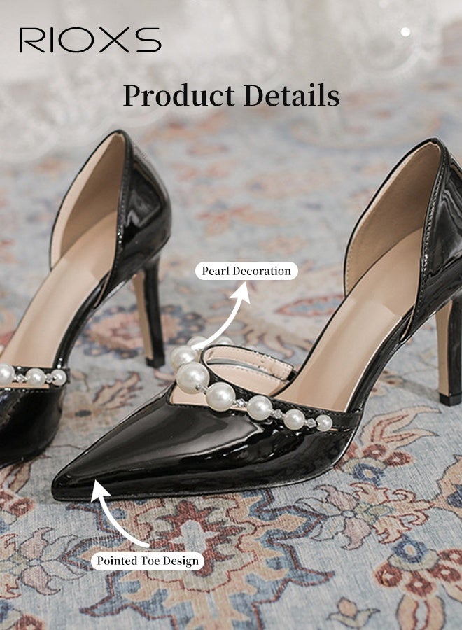RIOXS Women's Slingback Heels, Stylish Stiletto Heels for Women, Closed Pointed Toe High Heels, Ladies Strappy Pearl Elegant Dressy Shoes, Fashional Heeled Shoes, Wedding Party Pumps Shoes, Womens Stiletto Heels Shoes for Work Casual Outings and Dances, 8cm Heel Classic Black Pumps - Image 2
