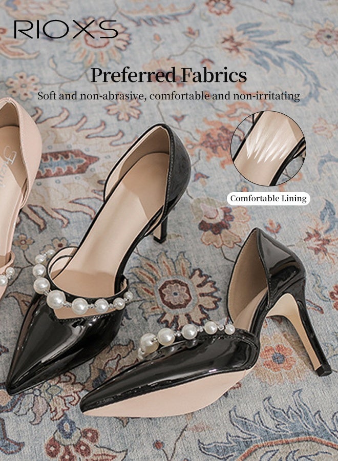 RIOXS Women's Slingback Heels, Stylish Stiletto Heels for Women, Closed Pointed Toe High Heels, Ladies Strappy Pearl Elegant Dressy Shoes, Fashional Heeled Shoes, Wedding Party Pumps Shoes, Womens Stiletto Heels Shoes for Work Casual Outings and Dances, 8cm Heel Classic Black Pumps - Image 5