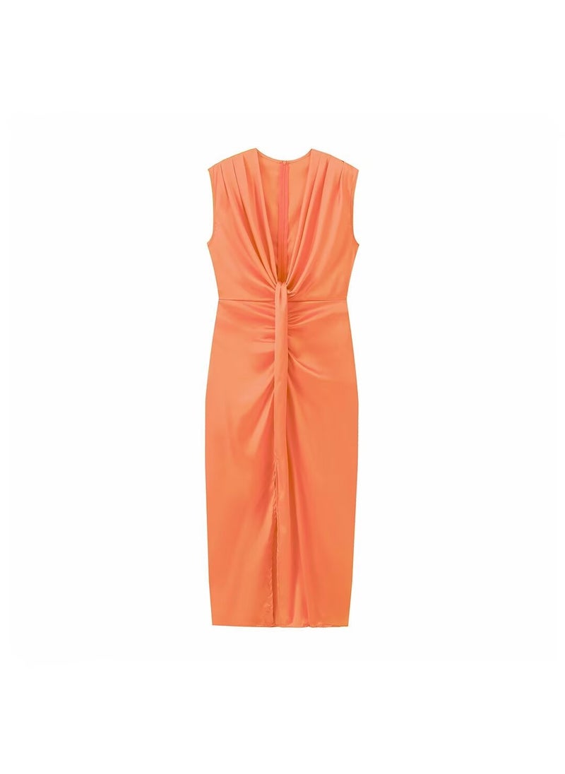 Generic - Speed Selling Womens Dress Three Colors Silk Surface No Sleeves V-Neck Ruffles Dress European And American Style Orange - Image 1