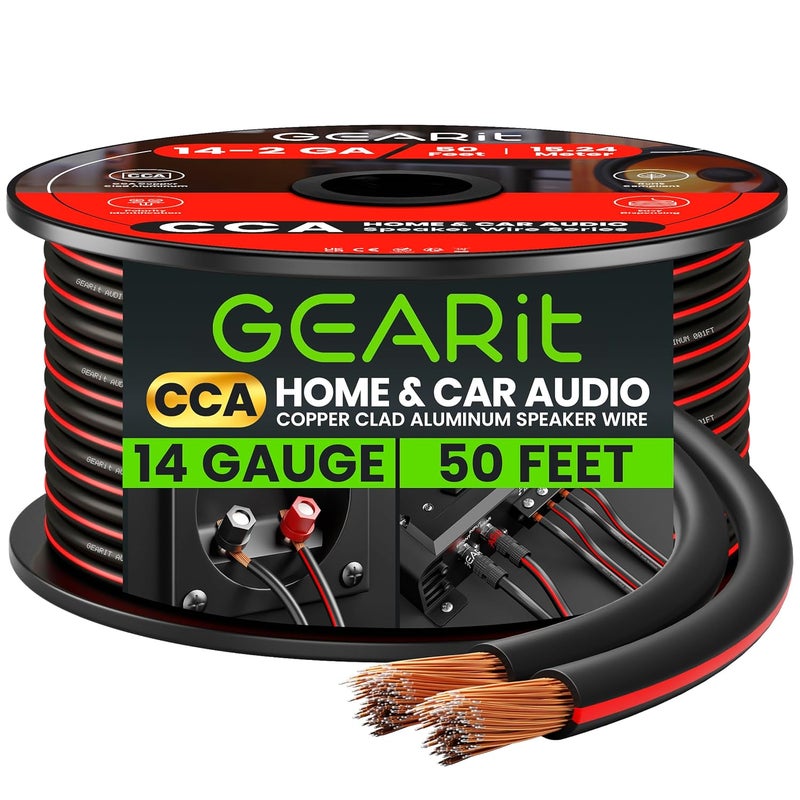 GearIT سلك مكبر صوت 14AWG، سلك مكبر صوت من سلسلة برو 14 AWG (50 قدم / 15.24 متر) استخدام رائع لمكبرات صوت المسرح المنزلي ومكبرات صوت السيارة باللون الأسود - Image 1