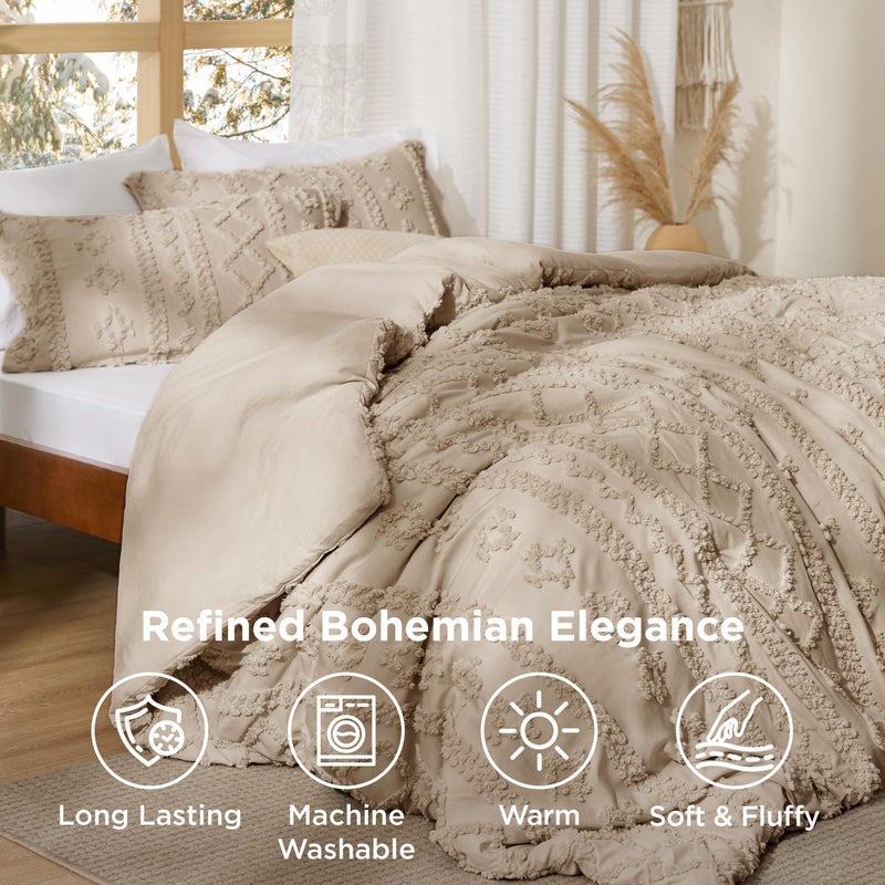Bedsure Tufted Boho Comforter Set Oversized Queen - Khaki Boho Bed Set, GentleSoftâ„¢ 3 Pieces Farmhouse Shabby Chic Embroidery Bedding, Gifts for Woman, Soft Jacquard Comforter for All Seasons - Image 4