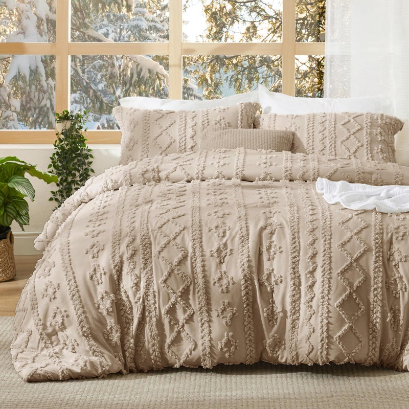 Bedsure Tufted Boho Comforter Set Oversized Queen - Khaki Boho Bed Set, GentleSoftâ„¢ 3 Pieces Farmhouse Shabby Chic Embroidery Bedding, Gifts for Woman, Soft Jacquard Comforter for All Seasons - Image 1
