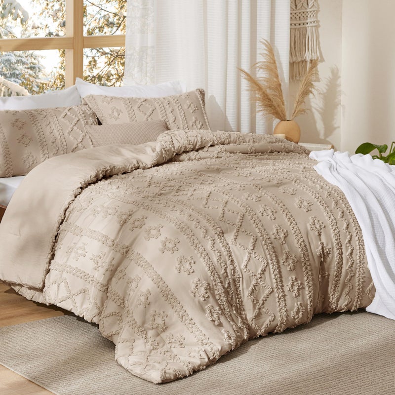 Bedsure Tufted Boho Comforter Set Oversized Queen - Khaki Boho Bed Set, GentleSoftâ„¢ 3 Pieces Farmhouse Shabby Chic Embroidery Bedding, Gifts for Woman, Soft Jacquard Comforter for All Seasons - Image 2