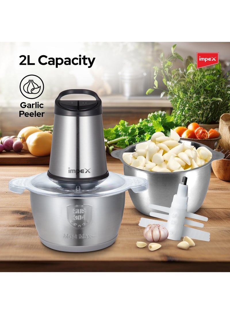 Impex Food Chopper 2in1 Combo  | Powerful Motor | Dual 2L Glass & Stainless Steel Bowls | Double Layer 4 Stainless Steel Blades | 2 Speeds Control | Motor Overheat Protection | Anti-Slip Ring 2 L 350 W FC 3222 Multicolor - Image 5