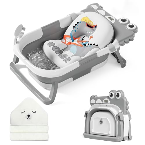 MoreFeel Collapsible Baby Bathtub for Newborn with Thermometer 1 Hooded Towel 1 Soft Floating CushionPortable Travel Bathtub with Drain Hole Durable Foldable Baby Tubs for Infants to Toddler