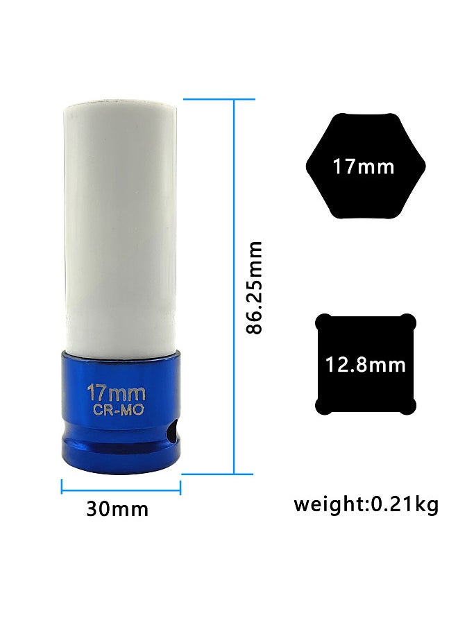 1/2'' Drive 17mm Lug Nut Socket, Color Coded Non-marring Impact Deep Lug Nut Socket with Protective Sleeve