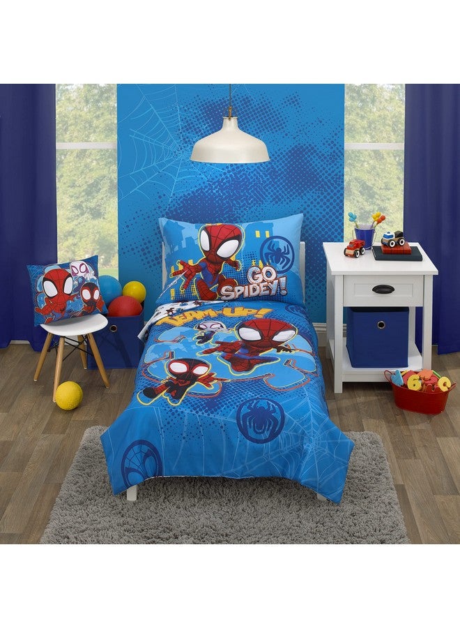 Disney Marvel Spidey and his Amazing Friends Spidey Team Red, White, and Blue 4 Piece Toddler Bed Set - Comforter, Fitted Bottom Sheet, Flat Top Sheet, and Reversible Pillowcase - Image 1