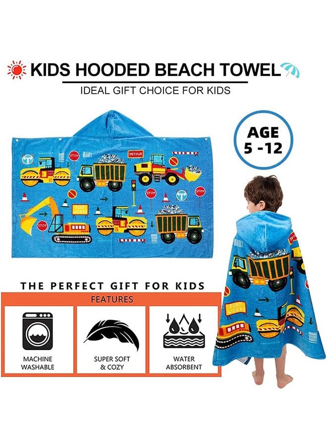 LENND Kids Hooded Beach Bath Towel,Baby Surf Poncho Toddlers Soft Real Cotton Wrap Changing Robe for Boy Girl Shower/Beach/Pool Child Cover ups 127x76 CM Large Towel Wrap,Engineering Vehicle Pattern  - Image 2