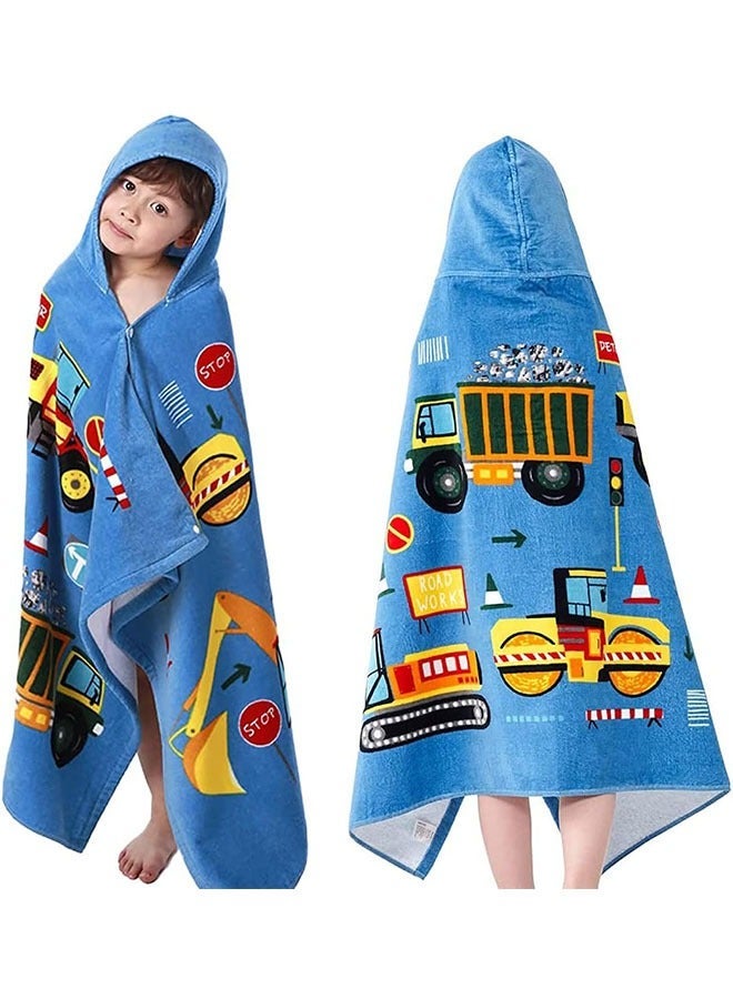 LENND Kids Hooded Beach Bath Towel,Baby Surf Poncho Toddlers Soft Real Cotton Wrap Changing Robe for Boy Girl Shower/Beach/Pool Child Cover ups 127x76 CM Large Towel Wrap,Engineering Vehicle Pattern - Image 1