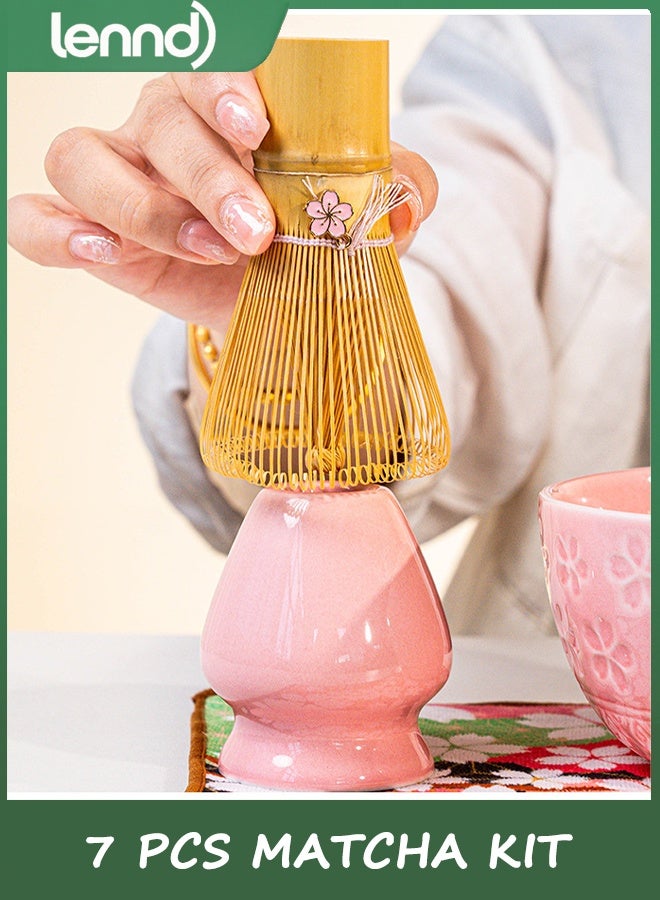 LENND Matcha Whisk Set, Ceramic Matcha Set Includes Matcha Bowl, Matcha Whisk and Holder, Bamboo Scoop, Scoop Rest, Sifter and Tea Towel - 7 Pcs Matcha Kit for Matcha Lovers (Pink) - Image 4