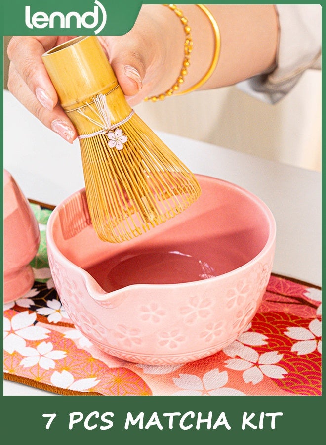 LENND Matcha Whisk Set, Ceramic Matcha Set Includes Matcha Bowl, Matcha Whisk and Holder, Bamboo Scoop, Scoop Rest, Sifter and Tea Towel - 7 Pcs Matcha Kit for Matcha Lovers (Pink) - Image 3