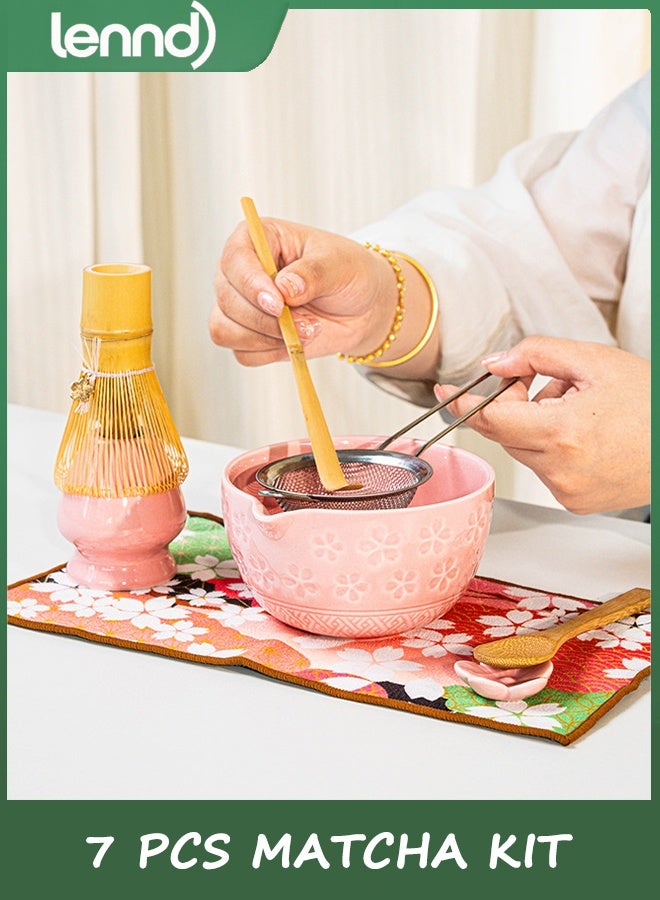LENND Matcha Whisk Set, Ceramic Matcha Set Includes Matcha Bowl, Matcha Whisk and Holder, Bamboo Scoop, Scoop Rest, Sifter and Tea Towel - 7 Pcs Matcha Kit for Matcha Lovers (Pink) - Image 2