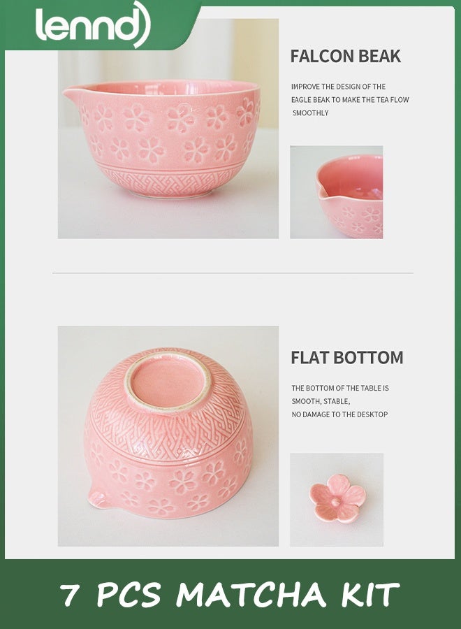 LENND Matcha Whisk Set, Ceramic Matcha Set Includes Matcha Bowl, Matcha Whisk and Holder, Bamboo Scoop, Scoop Rest, Sifter and Tea Towel - 7 Pcs Matcha Kit for Matcha Lovers (Pink) - Image 5