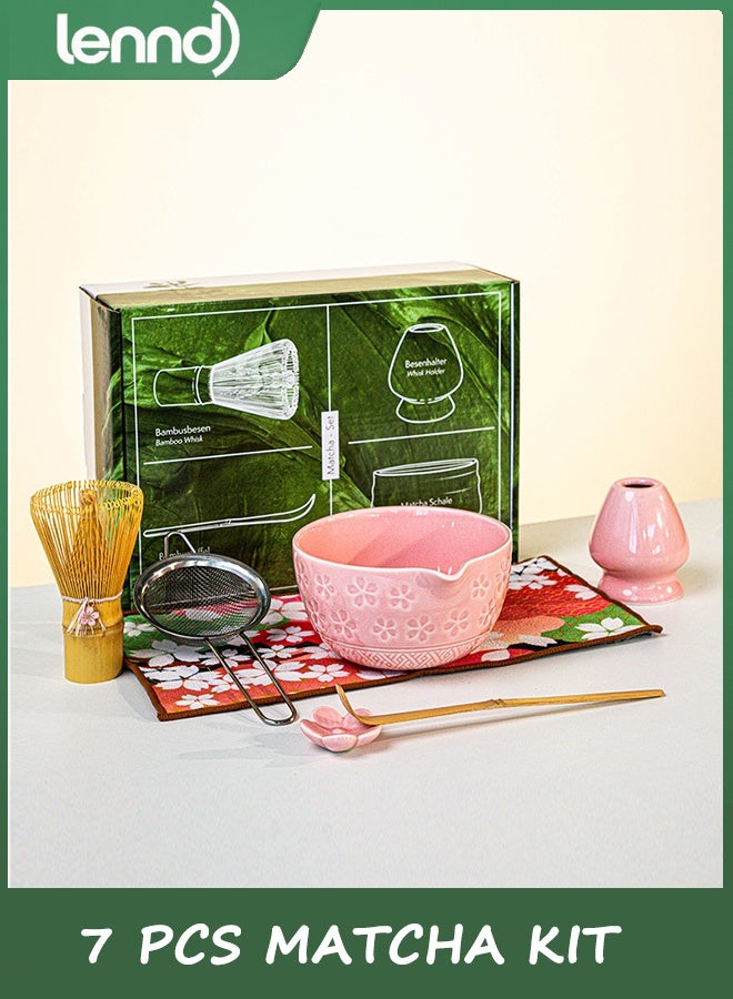 LENND Matcha Whisk Set, Ceramic Matcha Set Includes Matcha Bowl, Matcha Whisk and Holder, Bamboo Scoop, Scoop Rest, Sifter and Tea Towel - 7 Pcs Matcha Kit for Matcha Lovers (Pink) - Image 1