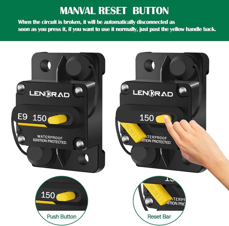 LENKRAD 150 Amp Marine Circuit Breaker Resettable 150A with Manual Reset Switch Button for Boat, Trolling, RV, Yacht, 12V - 48V DC, Waterproof, Surface Mount(150 Amp Boat Circuit Breaker) - Image 4