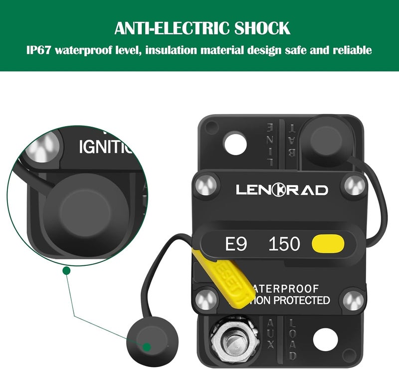 LENKRAD 150 Amp Marine Circuit Breaker Resettable 150A with Manual Reset Switch Button for Boat, Trolling, RV, Yacht, 12V - 48V DC, Waterproof, Surface Mount(150 Amp Boat Circuit Breaker) - Image 3