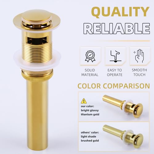Angle Simple Sink Drain Stopper, Brass Bathroom Sink Stopper Replacement, Pop Up Drain with Overflow Hole, Gold - Image 5
