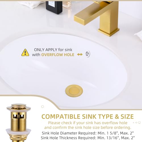 Angle Simple Sink Drain Stopper, Brass Bathroom Sink Stopper Replacement, Pop Up Drain with Overflow Hole, Gold - Image 3