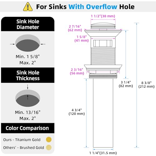 Angle Simple Sink Drain Stopper, Brass Bathroom Sink Stopper Replacement, Pop Up Drain with Overflow Hole, Gold - Image 2