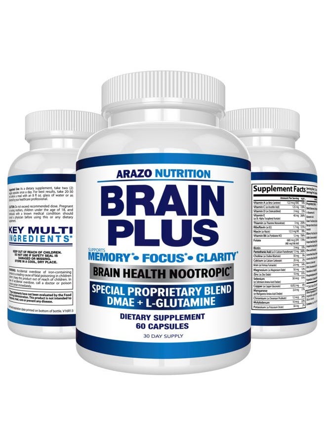 Arazo Nutrition - Premium Brain Function Supplement – Memory, Focus, Clarity – Nootropic Booster with DMAE, Bacopa Monnieri, L-Glutamine, Multi Vitamins, Multi Minerals - Image 1