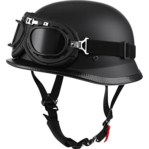 Yesmotor Helmet Half Shell German Motorcycle Helmet with Cycling Glasses - DOT Approved (X-Large, Matte Black & Black) - Image 1