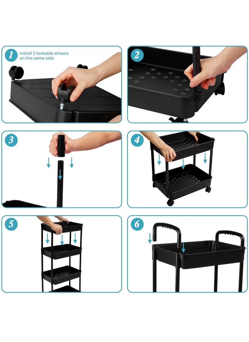General - 4-Tier Rolling Utility Cart with Wheels Detachable Utility Storage Cart Rack with Handle and Lockable Casters Multi-Functional Storage Trolley for Office Kitchen Bathroom (Black 4-Tier) - Image 1