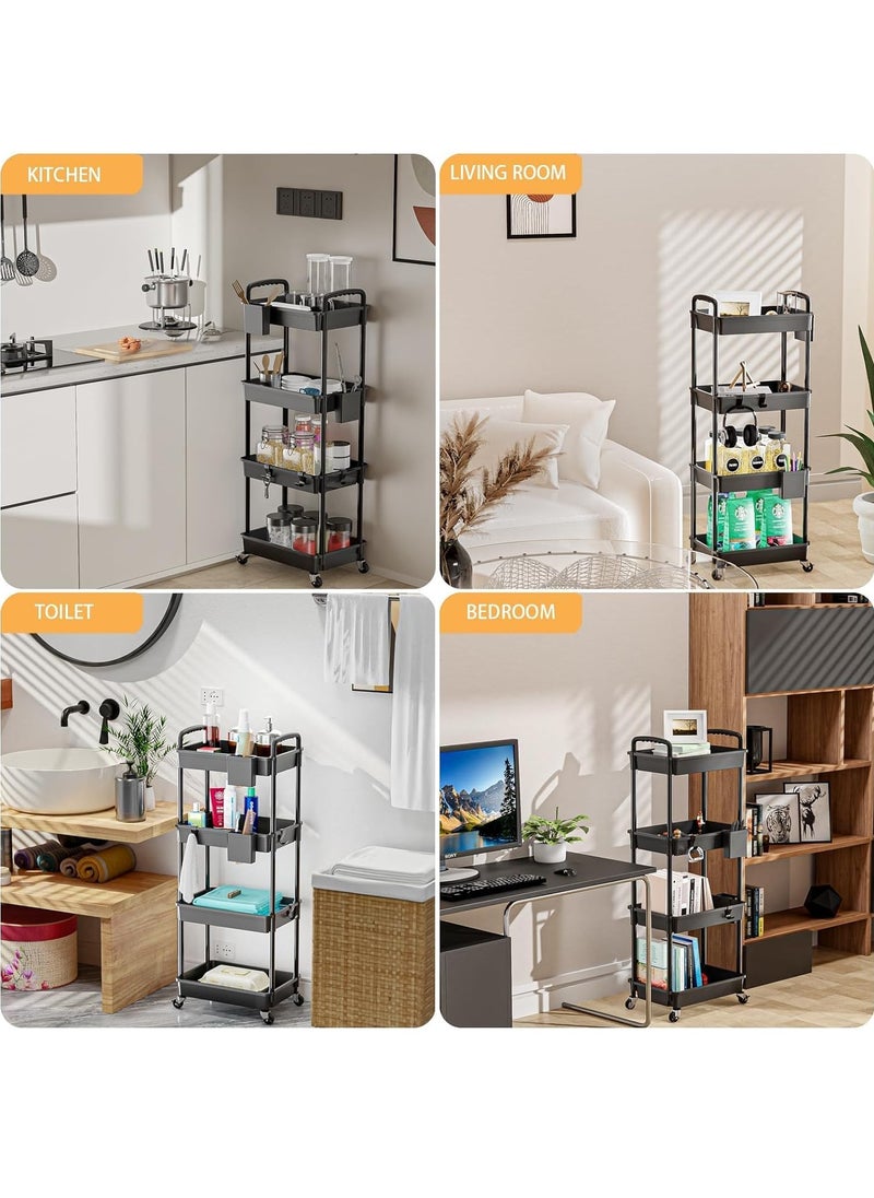 General - 4-Tier Rolling Utility Cart with Wheels Detachable Utility Storage Cart Rack with Handle and Lockable Casters Multi-Functional Storage Trolley for Office Kitchen Bathroom (Black 4-Tier) - Image 1
