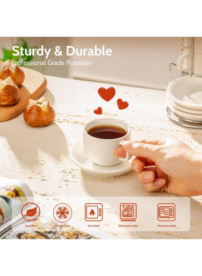Sweese أكواب إسبرسو خزفية قابلة للتكديس سعة 4 أونصات مع صحون وحامل معدني مجموعة من 4، بيضاء - Image 2