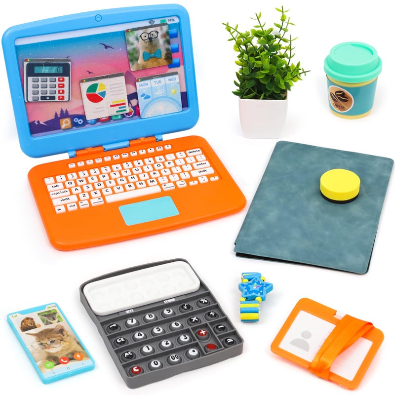 XIAPIA 10 Pcs Pretend Play Home Office Toys Pretend Play for Toddlers 357 Pretend Play Sets with Kids Laptop PopUp Calculator Notebook Watch Coffee Plant Birthday Gift for 3 4 5 6 7 Year - Image 3