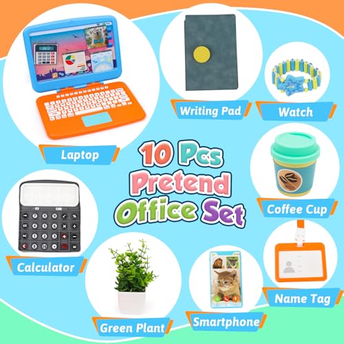 XIAPIA 10 Pcs Pretend Play Home Office Toys Pretend Play for Toddlers 357 Pretend Play Sets with Kids Laptop PopUp Calculator Notebook Watch Coffee Plant Birthday Gift for 3 4 5 6 7 Year - Image 5