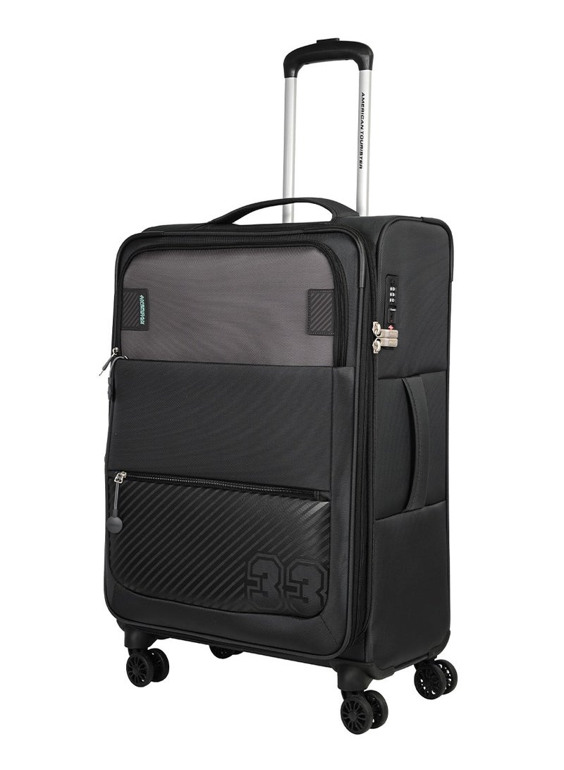 AMERICAN TOURISTER Majoris + Suitcase, Check-In Size 70 cm / 26 inch, 4 Spinner Wheels, Soft Top, 100% Polyester, Black|Corner Guards|Multi Front Pocket|TSA Combination Lock|Expandable|Retractable Aluminum Handle - 3 Years International Warranty - Image 1