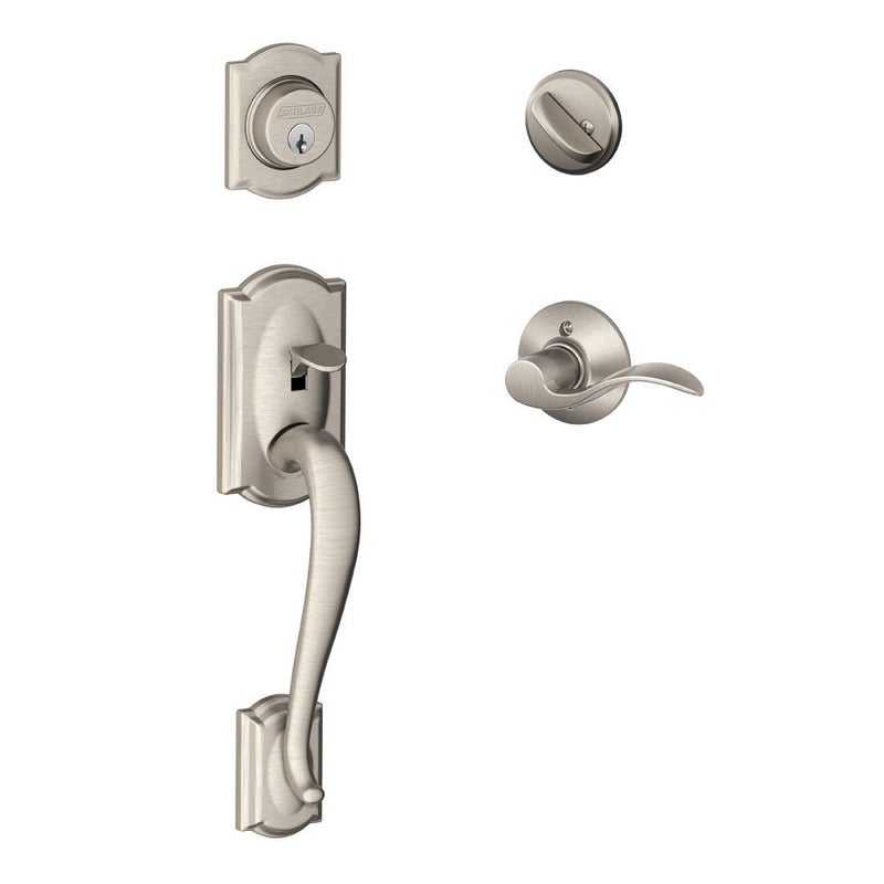 SCHLAGE Lock Company Camelot Single Cylinder Handleset and Left Hand Accent Lever Satin Nickel F60 CAM 619 ACC LH