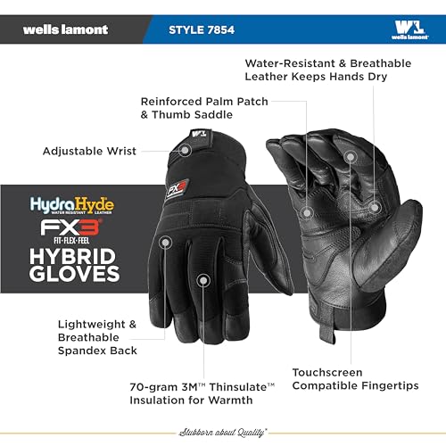 Wells Lamont Insulated Leather Work Gloves for Men FleeceLined with 70g 3M Thinsulate for Warmth WaterResistant Goat Leather Reinforced Palm Thumb Adjustable Wrist Large 7854L - Image 3
