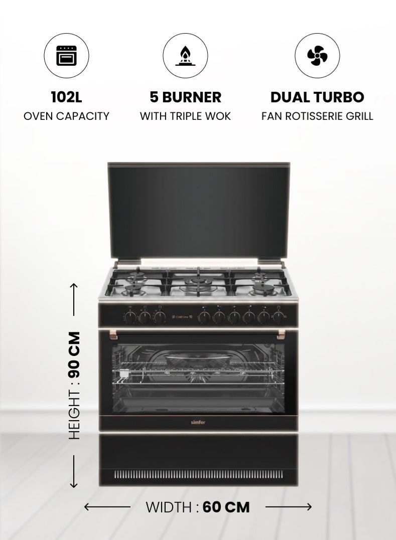 Simfer Gas Cooker 90x60 cm | 102L Oven Capacity | 5 Burner with Triple Wok | Dual Turbo Fan Rotisserie Grill | Auto Ignition FFD | Stainless Steel | Model SMF9069GCH-GL Gold Line - Image 2